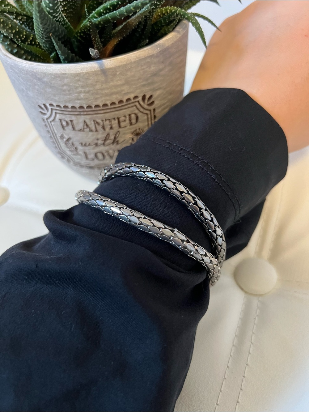 Silver Textured Snake Chain Bangle Bracelets (2)